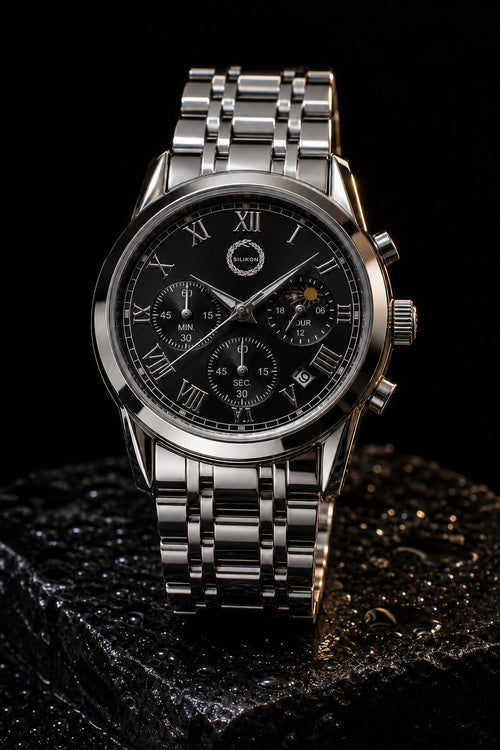 The black face on the silver band