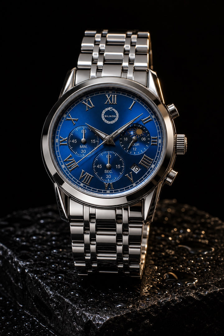 Blue face, silver band